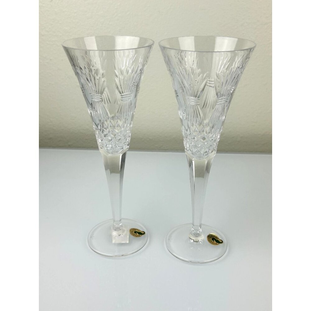 2 Waterford Crystal Millennium Wheat PROSPERITY Toasting Champagne Flutes 9.25" - Picture 12 of 16